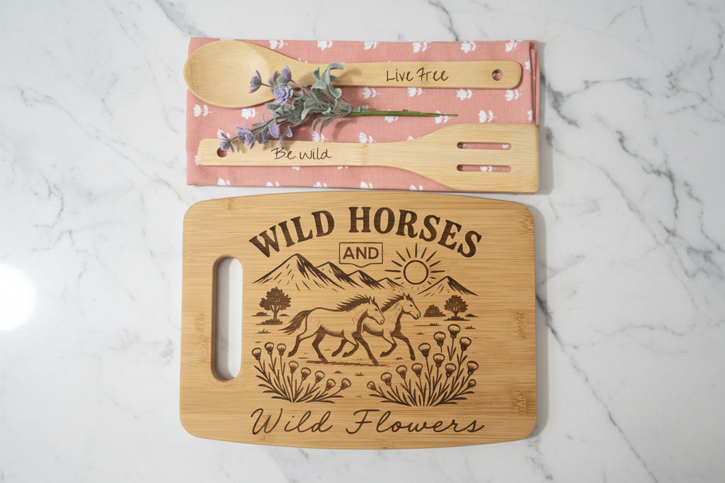 Wild Horses & Wildflowers Charcuterie Gift Set - Bamboo Board, Dish Towel & Engraved Utensils
