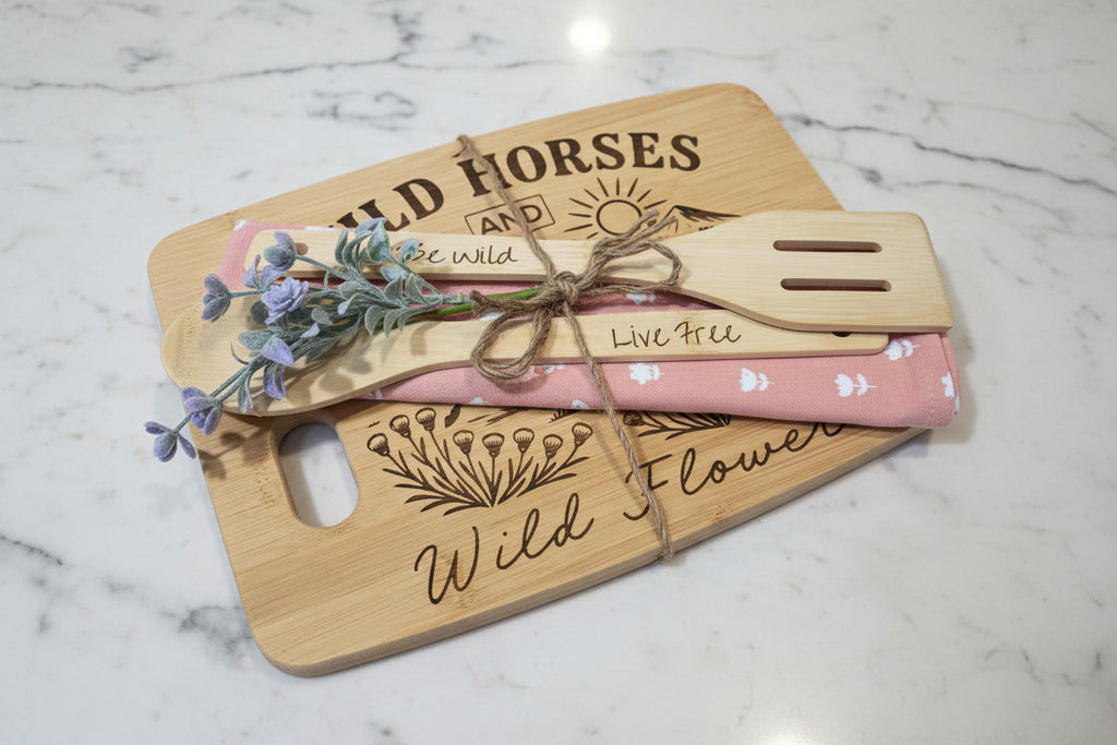 Wild Horses & Wildflowers Charcuterie Gift Set - Bamboo Board, Dish Towel & Engraved Utensils