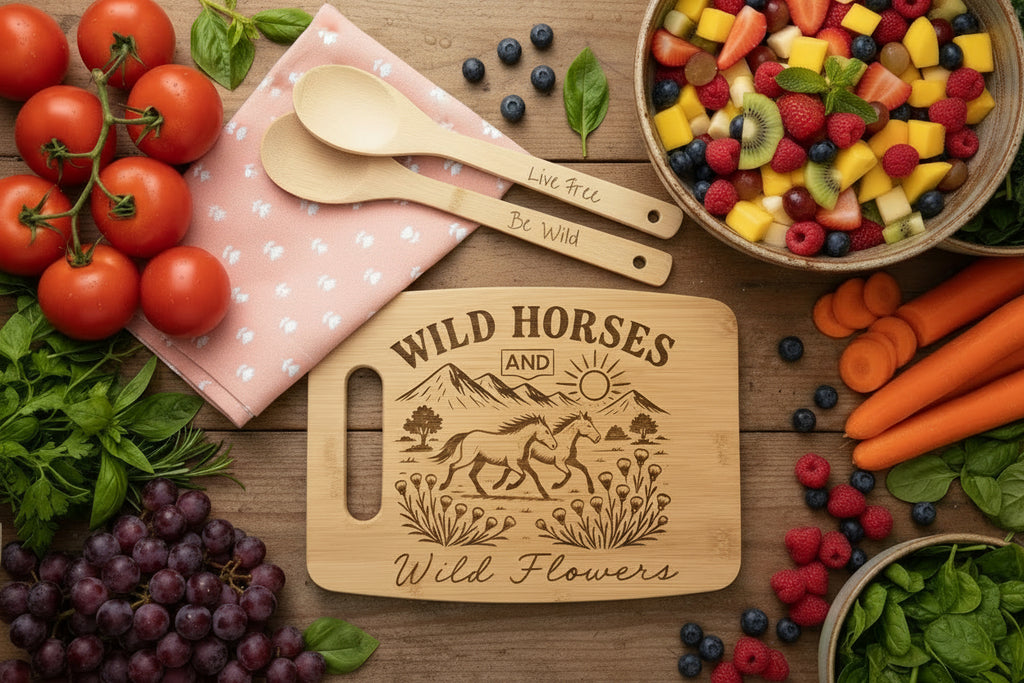 Wild Horses & Wildflowers Charcuterie Gift Set - Bamboo Board, Dish Towel & Engraved Utensils